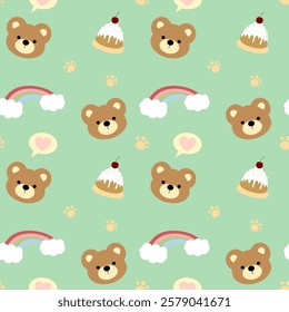 Bear, cake, rainbow on green background, fabric pattern, gift wrapping paper, cute stickers, notebook cover, phone case , seamless pattern 