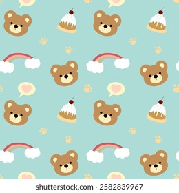 Bear, cake, rainbow on green background, pink lines, fabric pattern, wrapping paper, notebook cover, phone case , seamless pattern 