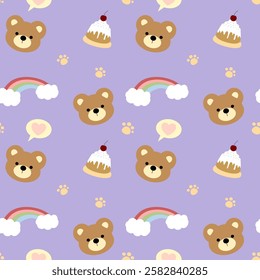 Bear, cake, rainbow on purple background, pink lines, fabric pattern, wrapping paper, notebook cover, phone case , seamless pattern 