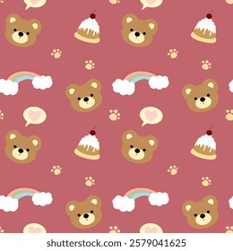 Bear, cake, rainbow on red background, fabric pattern, gift wrapping paper, cute stickers, notebook cover, phone case , seamless pattern 