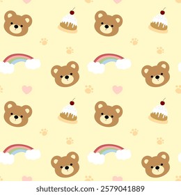 Bear, cake, rainbow on yellow background, fabric pattern, gift wrapping paper, cute stickers, notebook cover, phone case , seamless pattern 