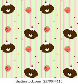 Bear, cake, strawberry on green background pink lines, fabric pattern, gift wrapping paper, cute stickers, notebook cover, phone case , seamless pattern 