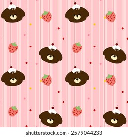 Bear, cake, strawberry on pink background pink lines, fabric pattern, gift wrapping paper, cute stickers, notebook cover, phone case , seamless pattern 