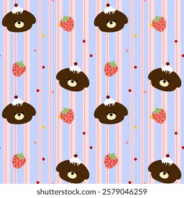 Bear, cake, strawberry on purple background pink lines, fabric pattern, gift wrapping paper, cute stickers, notebook cover, phone case , seamless pattern 