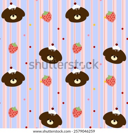 Bear, cake, strawberry on purple background pink lines, fabric pattern, gift wrapping paper, cute stickers, notebook cover, phone case , seamless pattern 