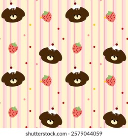 Bear, cake, strawberry on yellow background pink lines, fabric pattern, gift wrapping paper, cute stickers, notebook cover, phone case , seamless pattern 