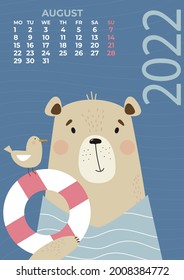 Bear calendar. August 2022. Cute bear tourist with a seagull and lifebuoy. Vector illustration. Vertical template. A week from Monday in English. Stationery for design, print and childrens collection