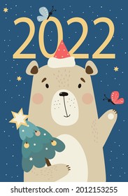 Bear calendar cover 2022. Cute bear in a Santa hat with Christmas tree and a butterfly on a blue background with decor. Vector illustration in a flat style. Vertical postcard for design and printing
