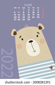 Bear calendar. June 2022. Cute bear sailor in a striped marine vest. Vector illustration. Vertical template. Week from Monday in English. Stationery for design, print and kids collection