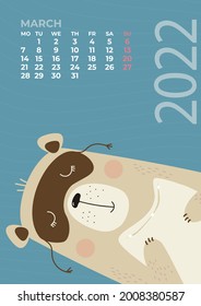 Bear calendar. March 2022. A cute bear sleeps with a pillow in its paws and a sleep mask. Vector illustration. Vertical template. A week from Monday in English. For design, print and kids collection