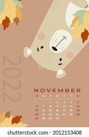 Bear calendar. November 2022. Cute bear with autumn leaves On a brown decorative background. Vector illustration in flat style. Vertical template. Week From Sunday. Stationery for design and printing