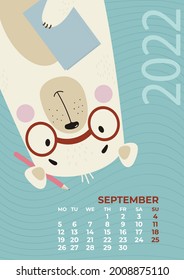 Bear calendar. September 2022. Cute bear scientist with glasses and book On turquoise decorative background. Vector illustration. Vertical template. Week from Monday In English. Stationery for design