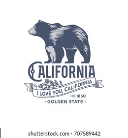 Bear With Bear, California, Stylized Emblem Of The State Of America, Illustration, Vector