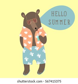 Bear with calligraphy Hello Summer in hand drawn doodle style. Vector illustration for t-shirt print, tattoo design, party poster.
