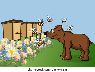 The bear came for honey. Bees fly around with displeasure. Vector illustration.