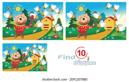 The bear came to visit the bees. Find 10 differences. Children's educational game.