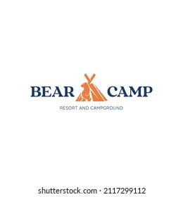 Logo de la combinación de oso y campamento para los negocios de los complejos turísticos y de camping