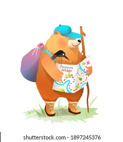 Bear camper reading treasure map, trekking and exploring, animal adventures illustration for kids, cute isolated cartoon clip art. Vector graphics for kids events, books or prints.