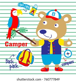 bear camping with a bird cute cartoon,vector illustration