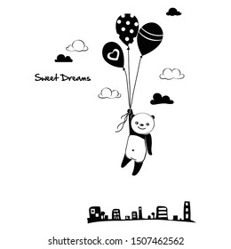 Bear can fly in the sky. For the baby room, nursery room, bedroom, playground. Graphic design lifestyle, vector for print, banner, design, poster, interior, wall decals, sticker.