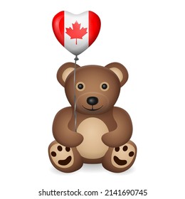 Bear with Canada flag heart balloon on a white background. Vector illustration.