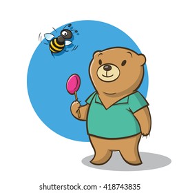 Bear with candy and flying bee around him