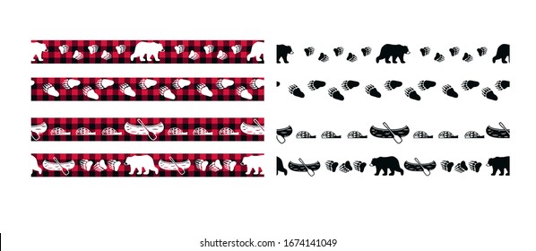 
Bear, canoe, fish, bear tracks on a checkered background. Buffalo plaid borders seamless patterns. Vector templates for washi tape, sticky ribbon . 