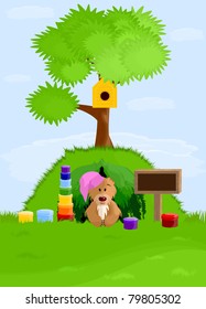 Bear in the cap with gift box sitting in his den under a tree with birdhouses