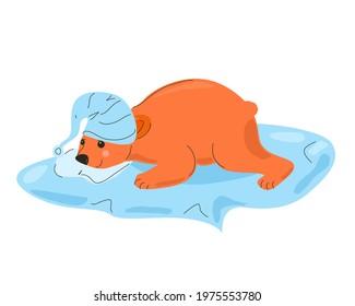 A bear in a cap lies on a blanket. Illustration for children.