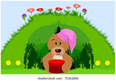 Bear in a cap sitting in the den and holding a box for gifts