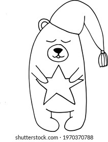 bear in a cap with a star icon. hand drawn doodle style. vector, scandinavian, nordic, minimalism, monochrome. Nursery room decor, children print. cute animal. newborn, sticker, poster card