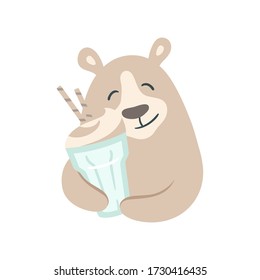 Bear with a cappuccino cup with foam. Beige and pastel mint colors. Coffee break party element. Great for shop apparel, t-shirt print, branding, sticker, logo, art for business and personal projects