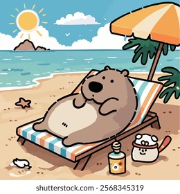 Bear, capybara, cartoon, beach, chair, umbrella, relaxing, sunny, sky, clouds, sea, island, bottle, small creature, red collar, starfish, seashell, sand, cheerful, colorful.