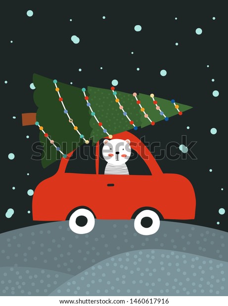 Bear in the car\
with Christmas tree on it. Christmas time. Vector illustration,\
Christmas greeting card.