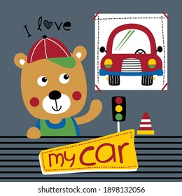bear and car funny animal cartoon,vector illustration