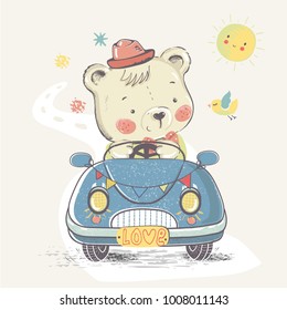 Bear in car.hand drawn vector illustration.can be used for kid's or baby's shirt  design,fashion graphic, kids wear, baby shower card,celebration card,greeting card, invitation card