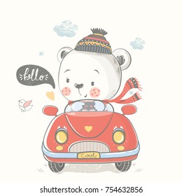 Bear in car.hand drawn vector illustration.can be used for kid's or baby's shirt design,fashion print design,fashion graphic,t-shirt,kids wear