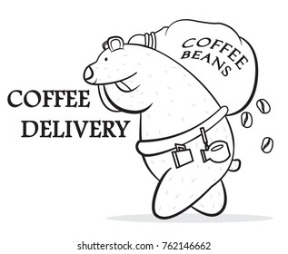 bear carries a big bag with coffee beans, coffee delivery, vector image, cartoon character,black and white picture