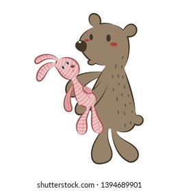 A bear carrying a bunny doll vector illustration cartoon. Teddy bear and bunny pastel cartoon isolated on white background. 