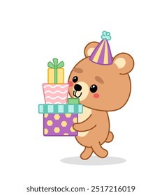 Urso está carregando pilha de caixas de presente. Ursinho pequeno e presentes na festa de aniversário. Desenho animado, kawaii, Ilustração vetorial isolada eps 10
