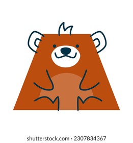 Bear cartoon animal with parallelogram math shape. Figure with funny smiling face, geometric cute personage, preschool and kindergarten character