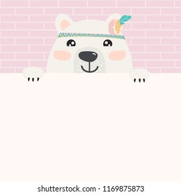 bear cartoon behind empty pastel pink for text and brick background. vector illustration.