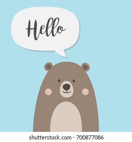 Bear cartoon character - A Cute Brown Teddy Bear with hello and speech chat bubble vector illustration for kids, children's book, fairy tales, covers, baby shower invitation, card or party flag.