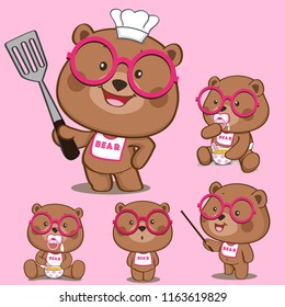 Bear cartoon character design cute set