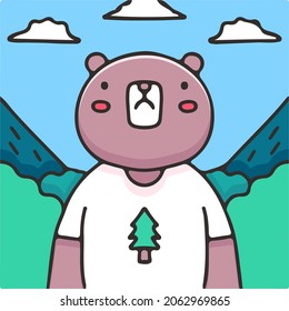 Bear cartoon character in forest illustration. Vector graphics for t-shirt prints and other uses.