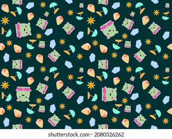 bear cartoon character pattern on green background