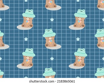 Bear cartoon character seamless pattern on blue background