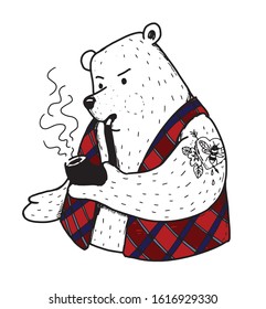 Bear cartoon character smoking pipe. Vector simple illustration. 