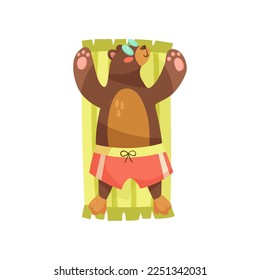 Bear cartoon character sunbathing vector illustration. Summer resort, funny comic wild animal in sunglasses relaxing on beach towel on white background. Wildlife, vacation concept