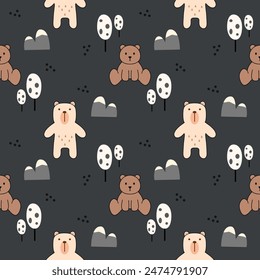 Bear cartoon so cute. On Mount tree gray background. Pattern seamless vector illustration. 